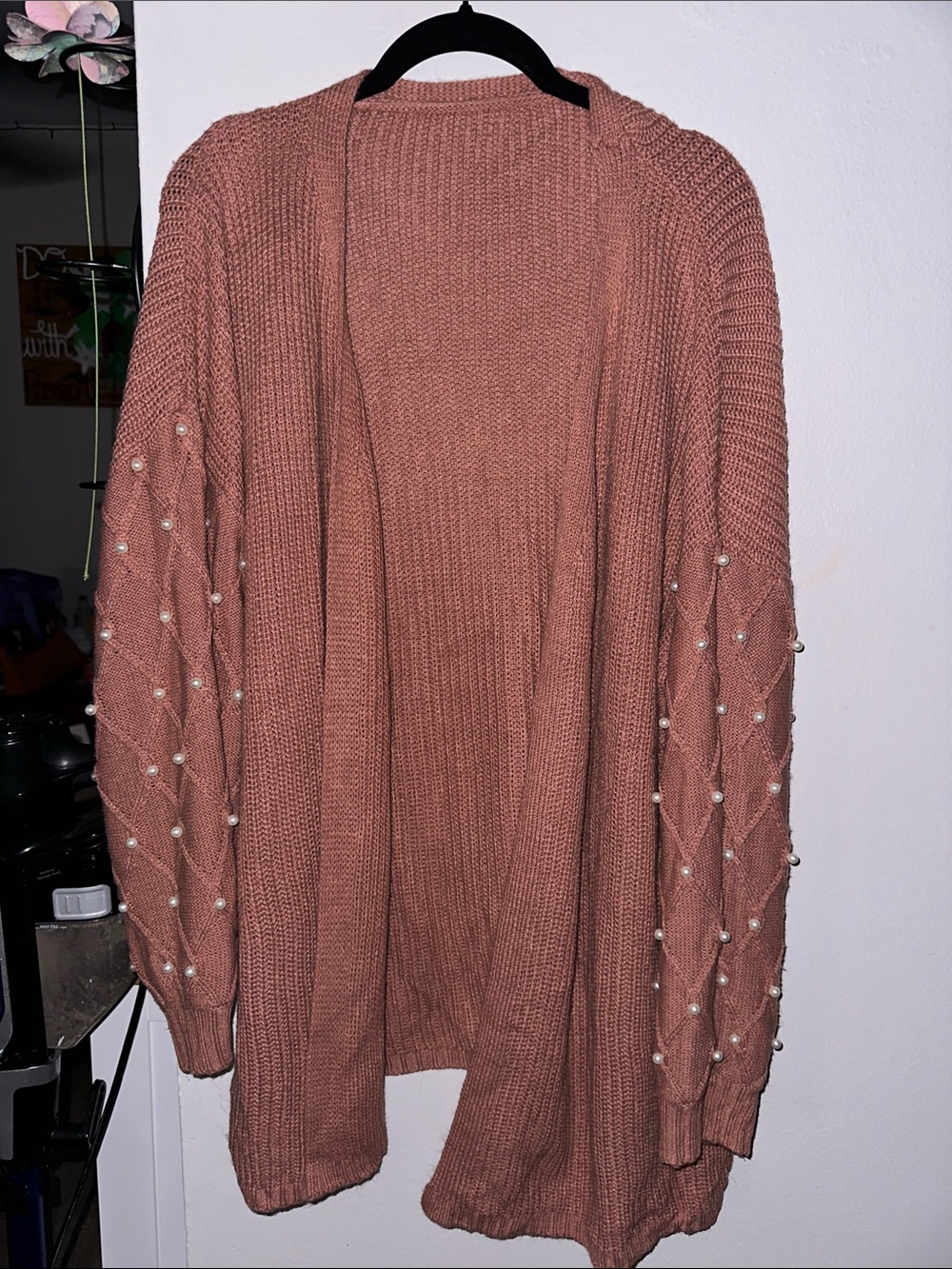 SHEIN Rose Brown Pearl-Embellished Open Cardigan